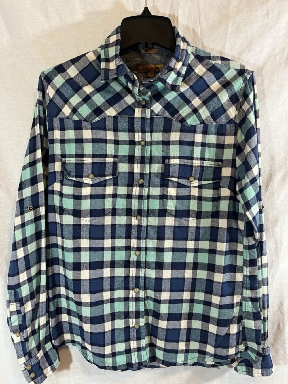 Jachs Girlfriend Women’s Small Bea Blue Plaid Lock Sleeve Snap Up Shirt